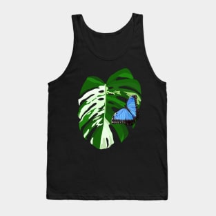 Blue Morpho Butterfly on a Monstera Albo Leaf Tank Top